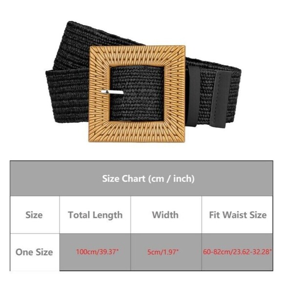 Square Wooden Buckle Straw Rattan Elastic Belt Womens One Size Brown/Black - Picture 4 of 13